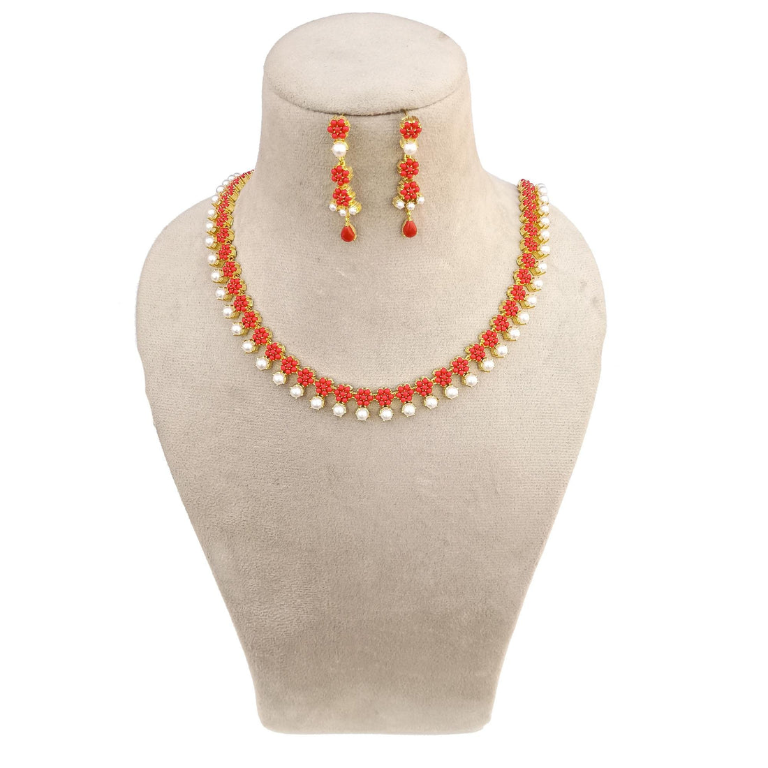 Red Coral & Pearl Necklace Set | 22K Gold Plated Indian Bridal Temple Jewelry | Wedding Necklace | Statement Necklace | Gift For Her — 7