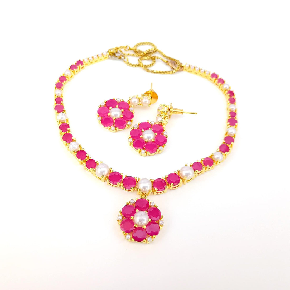 Gold Plated Ruby Pearl Floral Necklace | South Indian Lightweight Bridal Jewelry | Traditional Wedding Wear | Ruby Necklace | Gift for Her — 7