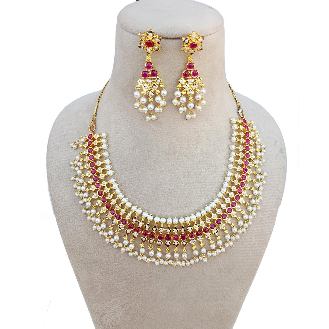 Ruby Emerald Pearl Gold Plated Necklace: South Indian Bridal Jewelry — 2