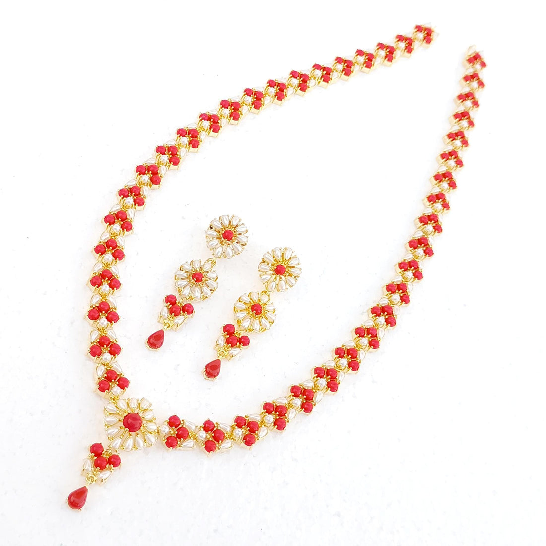 22K Gold Plated Coral Necklace Set | Handmade Indian Traditional Temple Bridal Jewelry | Red Wedding Necklace with Earrings | Gift For Her — 3