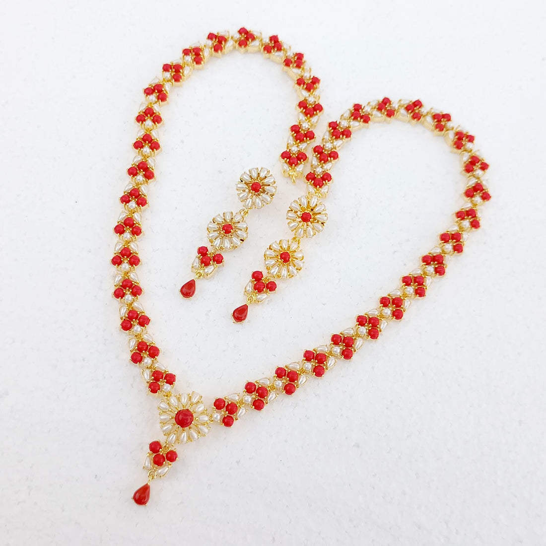 22K Gold Plated Coral Necklace Set | Handmade Indian Traditional Temple Bridal Jewelry | Red Wedding Necklace with Earrings | Gift For Her — 5