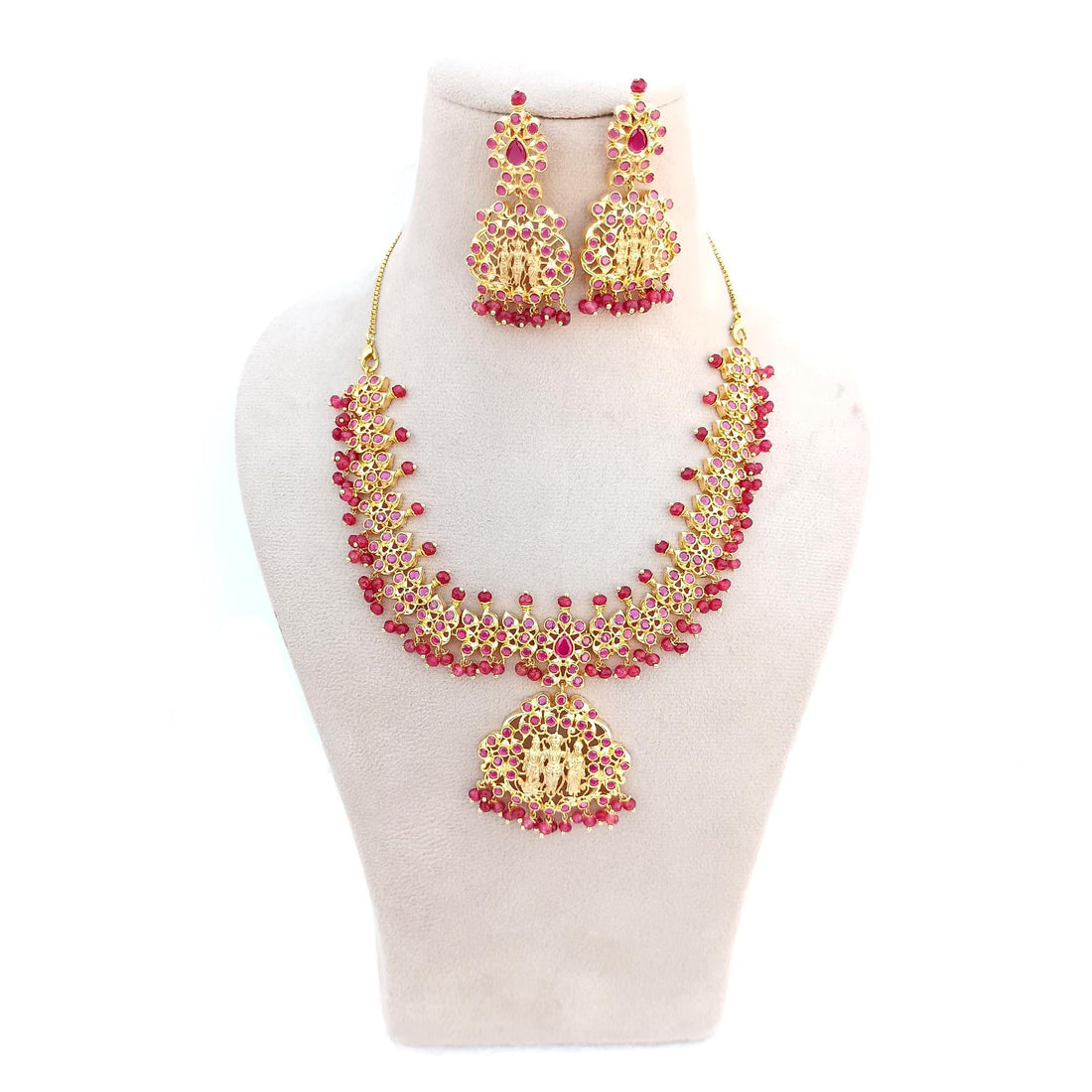 Ruby & Pearl Gemstone Necklace Set | 22K Gold Plated Indian Bridal Wedding Jewelry | Elegant Festive Party Wear Necklace | Gift for Women — 7