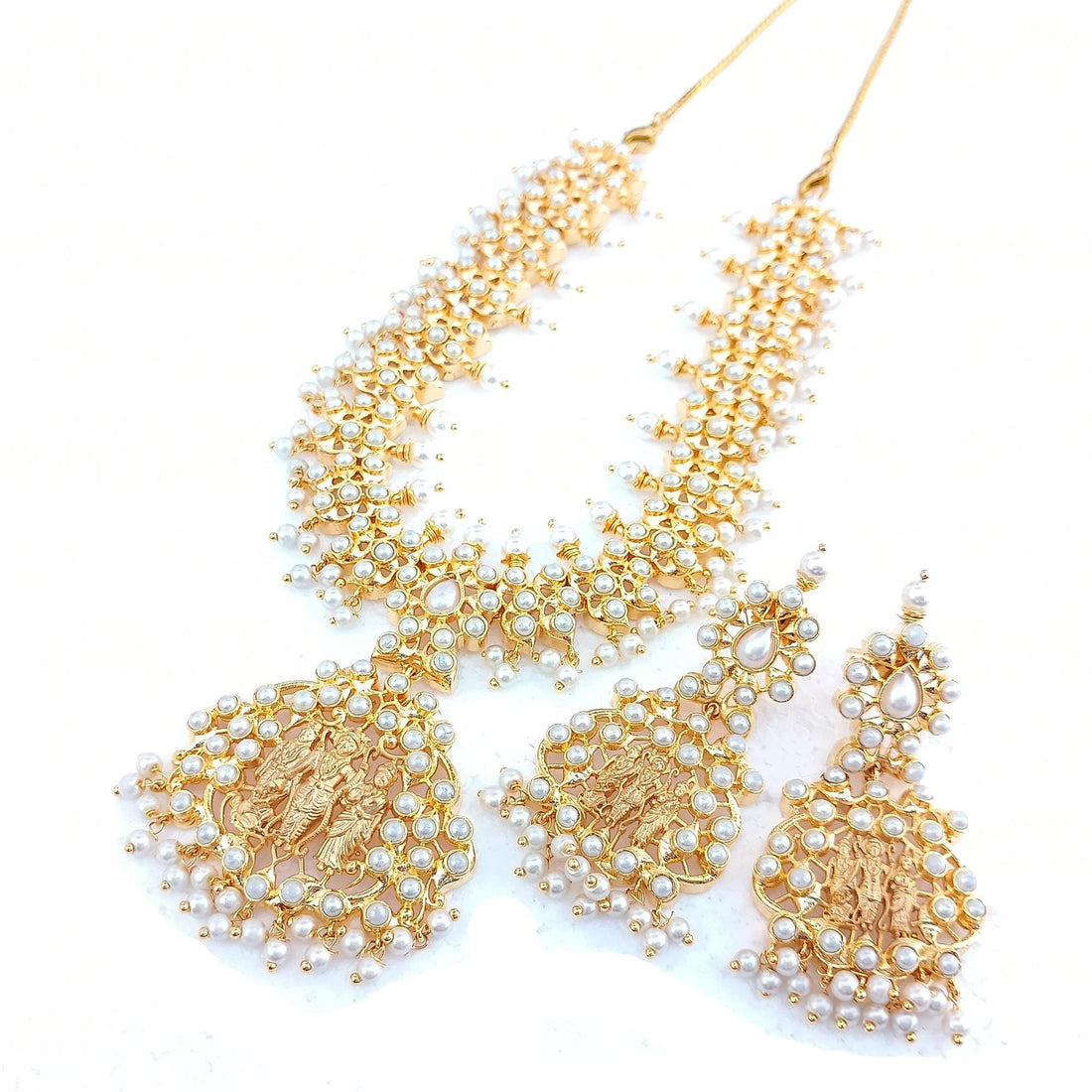 Ruby & Pearl Gemstone Necklace Set | 22K Gold Plated Indian Bridal Wedding Jewelry | Elegant Festive Party Wear Necklace | Gift for Women — 4