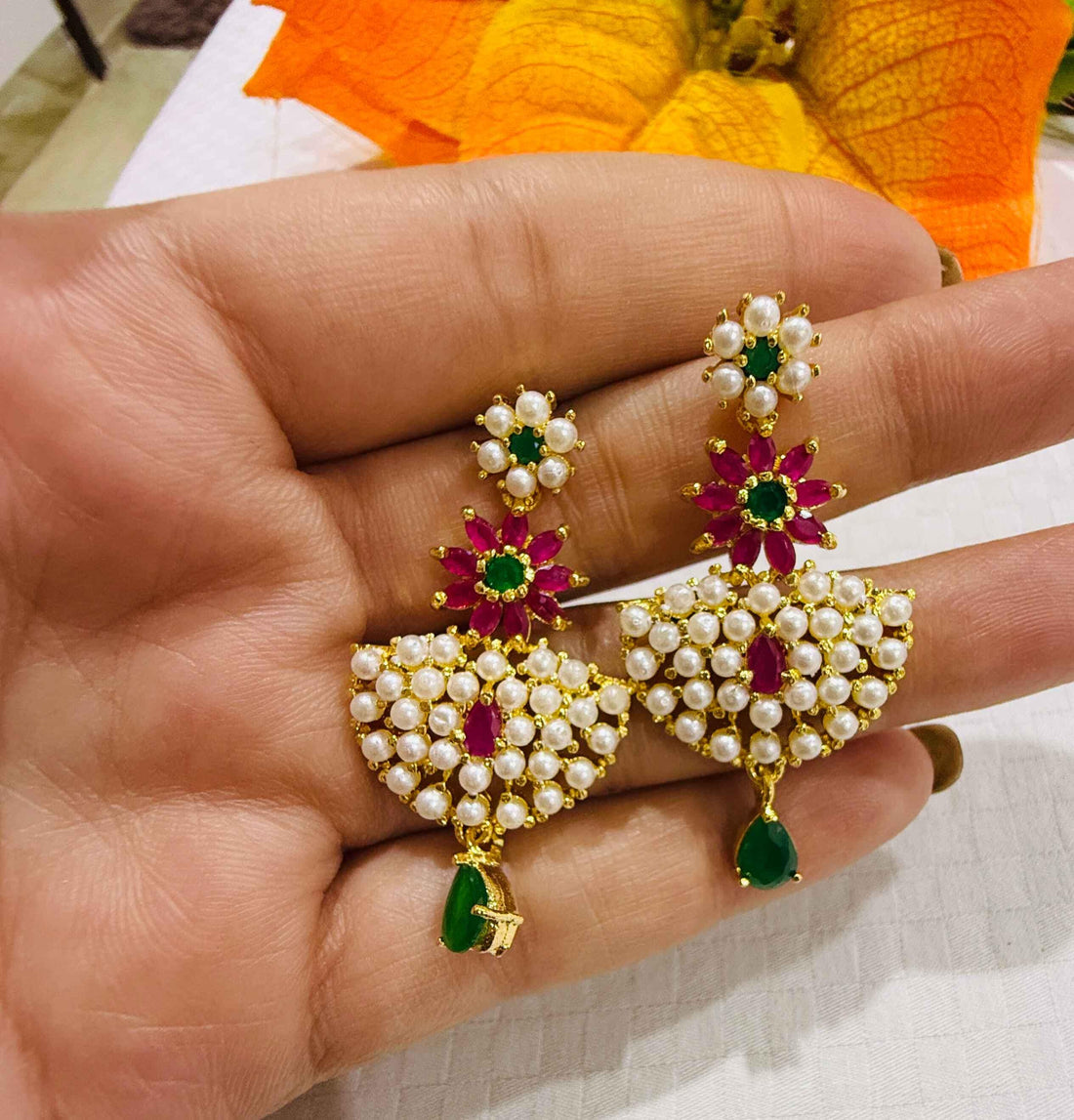 Gemstone Gold Plated Necklace, Ruby, Pearl & Emerald Handcrafted South Indian Wedding Jewelry, Ethnic Festive Party Jewelry, Gift For Her — 6