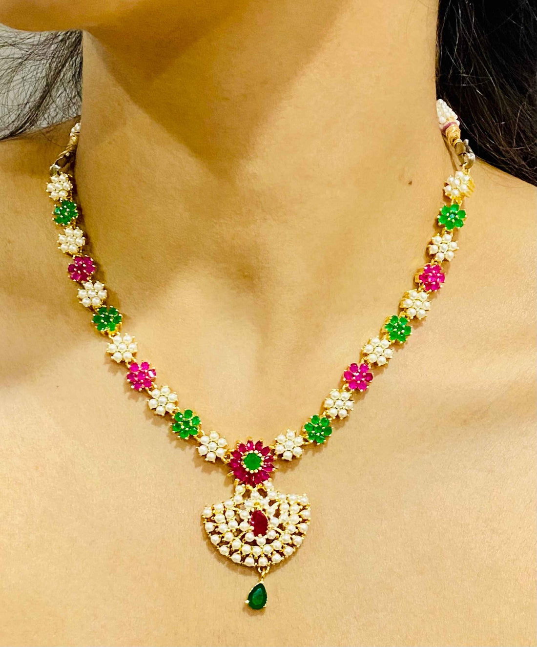 Gemstone Gold Plated Necklace, Ruby, Pearl & Emerald Handcrafted South Indian Wedding Jewelry, Ethnic Festive Party Jewelry, Gift For Her — 5