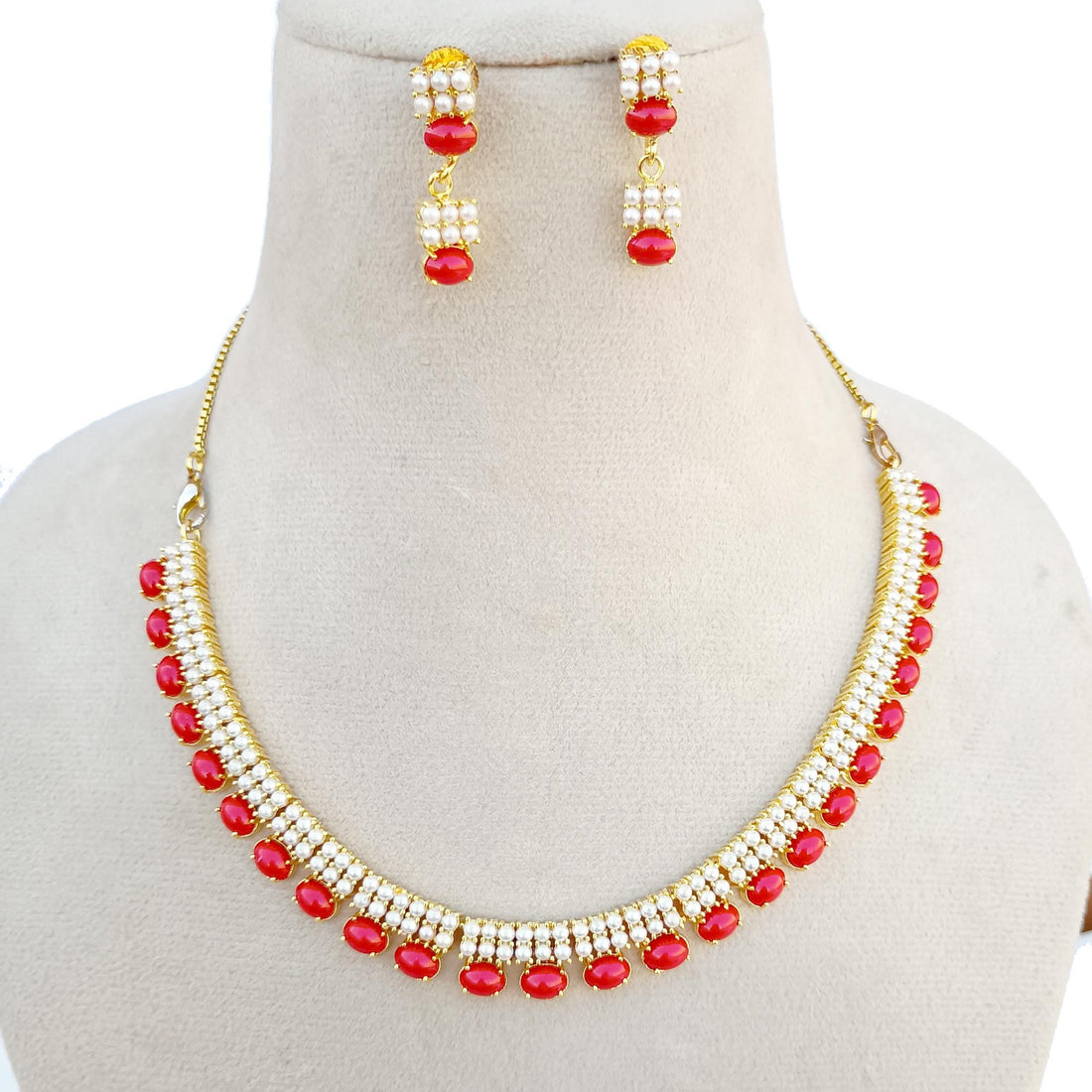 Luxury Red Coral Gold Plated Necklace | South Indian Bridal Jewelry | Traditional Wedding Necklace for Women |Gift For Her |Wedding Necklace — 6