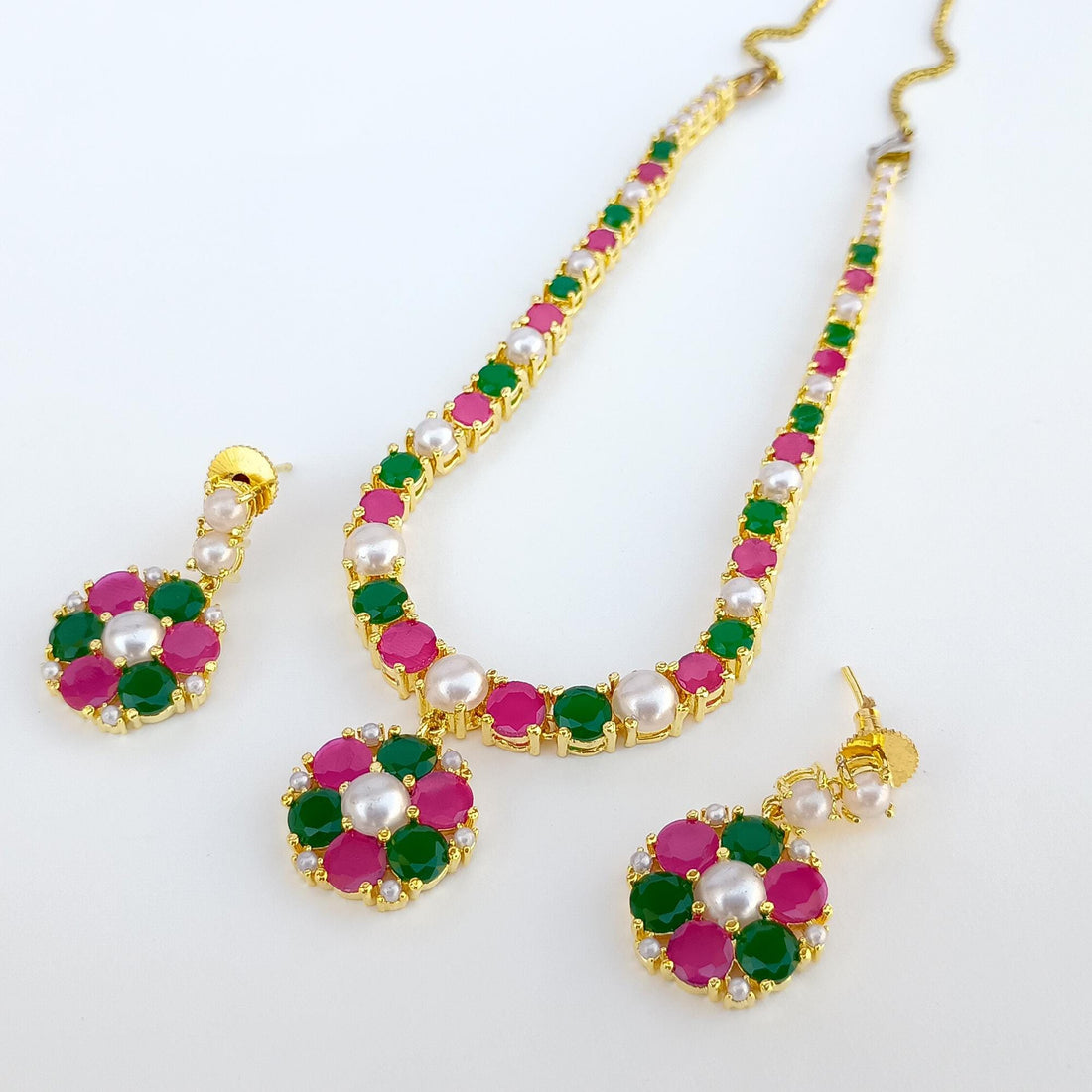 Gold Plated Handmade Ruby Emerald Pearl Necklace Set | Traditional Ethnic Bridal Wedding Jewelry | Statement Necklace | Gift For Women — 6