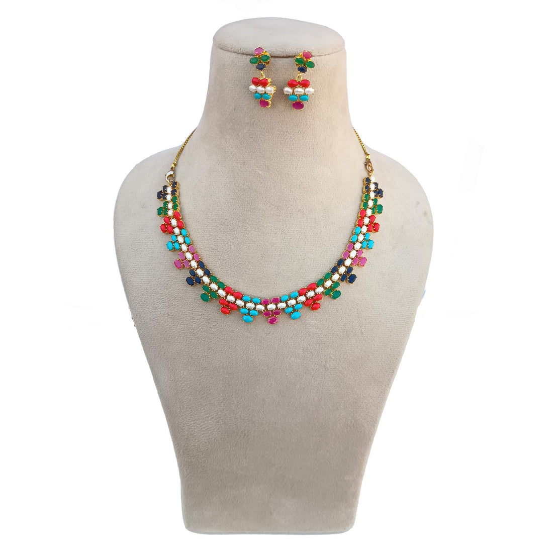 Gold Plated Multicolor Gemstone Bridal Necklace| Turquoise Coral Ruby Emerald Sapphire Wedding Jewelry | Gift For Her | Traditional Necklace — 5