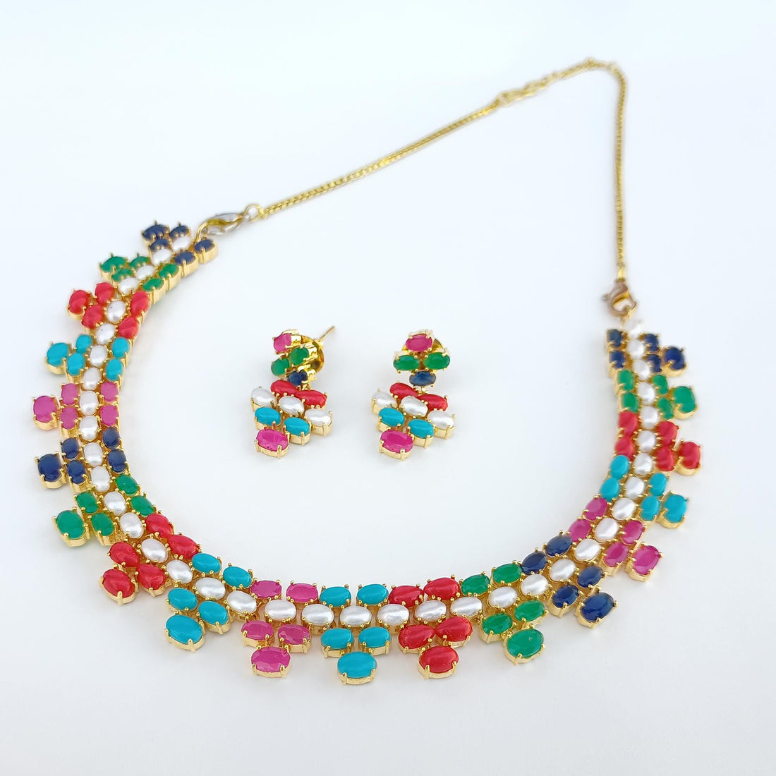 Gold Plated Multicolor Gemstone Bridal Necklace| Turquoise Coral Ruby Emerald Sapphire Wedding Jewelry | Gift For Her | Traditional Necklace — 4