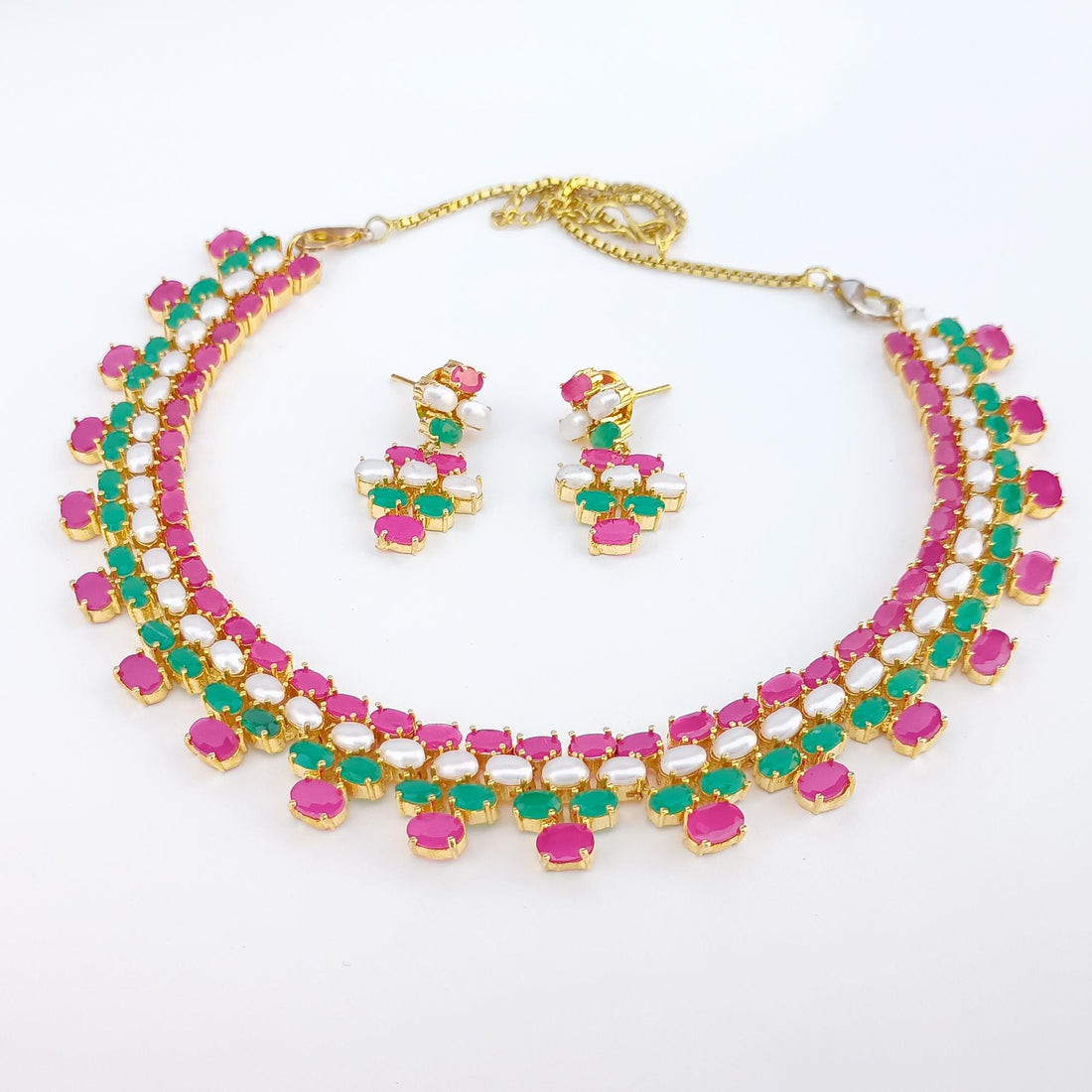 Gold Plated Multicolor Gemstone Bridal Necklace| Turquoise Coral Ruby Emerald Sapphire Wedding Jewelry | Gift For Her | Traditional Necklace — 8