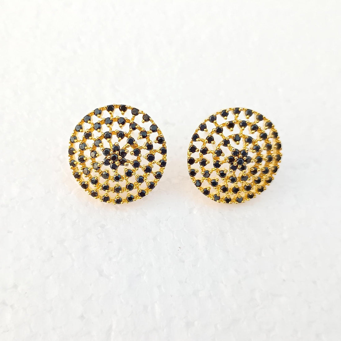 Art Deco Black Onyx Sapphire Emerald Earrings | Gold Plated Round Stud Earrings | Bridal Wedding Jewelry | Vintage Studs | Gift for Her — 7