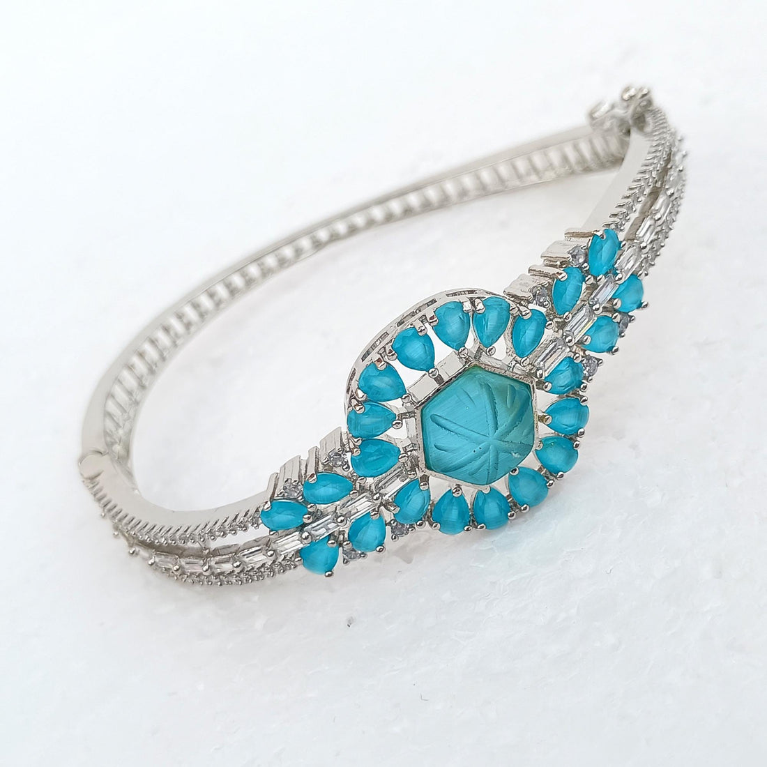 Aqua Chalcedony Stone Bangle | White Plated Bracelet | Boho Hippie Style Bangle | Beautiful Handmade Jewelry |  Women Jewelry | Gift For Her — 4