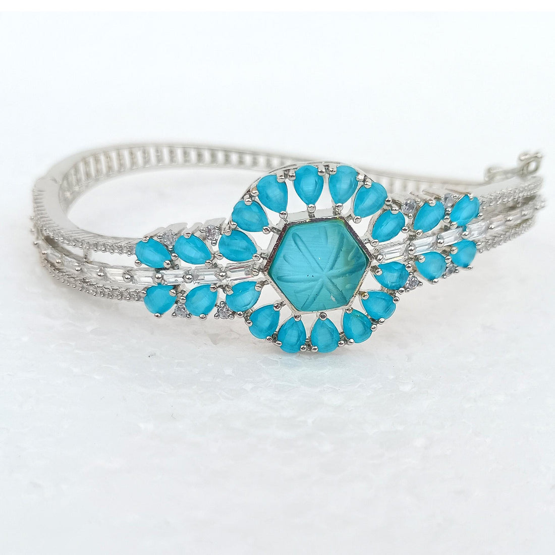 Aqua Chalcedony Stone Bangle | White Plated Bracelet | Boho Hippie Style Bangle | Beautiful Handmade Jewelry |  Women Jewelry | Gift For Her — 5