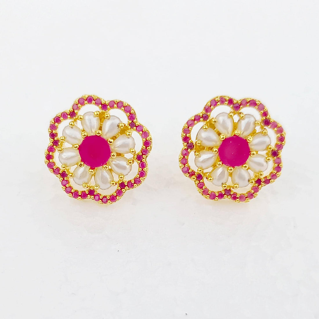 Ruby Pearl Art Deco Earrings | Gold Plated Bridal Wedding Jewelry | Vintage Style Statement Earrings | Elegant Party Wear | Gift for Her