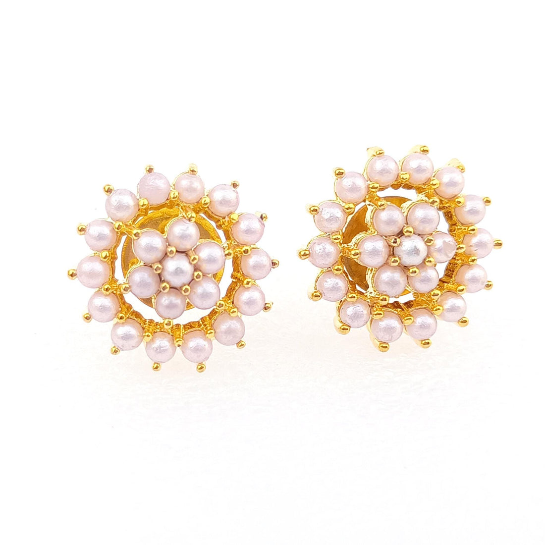 Art Deco Ruby Pearl Stud Earrings: Gold Plated Wedding Jewelry — 3