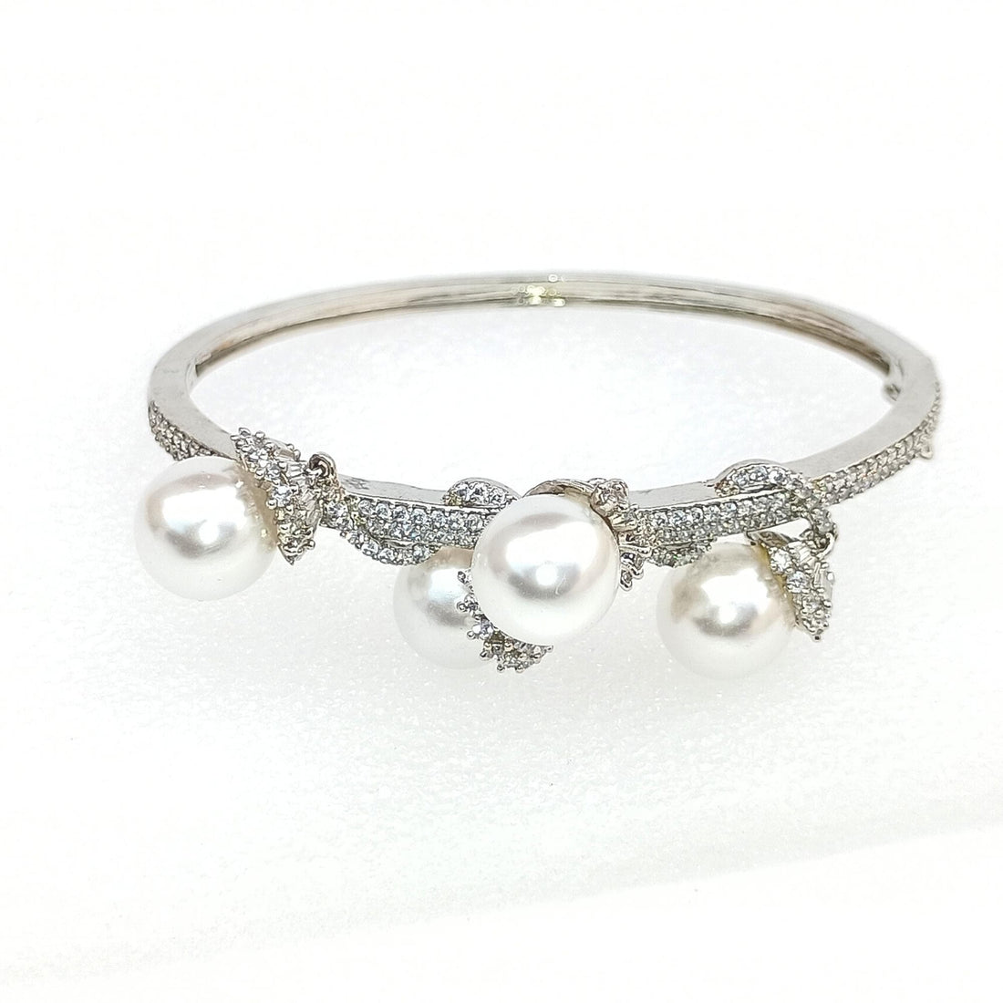 White Pearl Gemstone Bangle |  Handcrafted Silver | Bangle with Round White Stone Bracelet for Women | Gift for her — 3