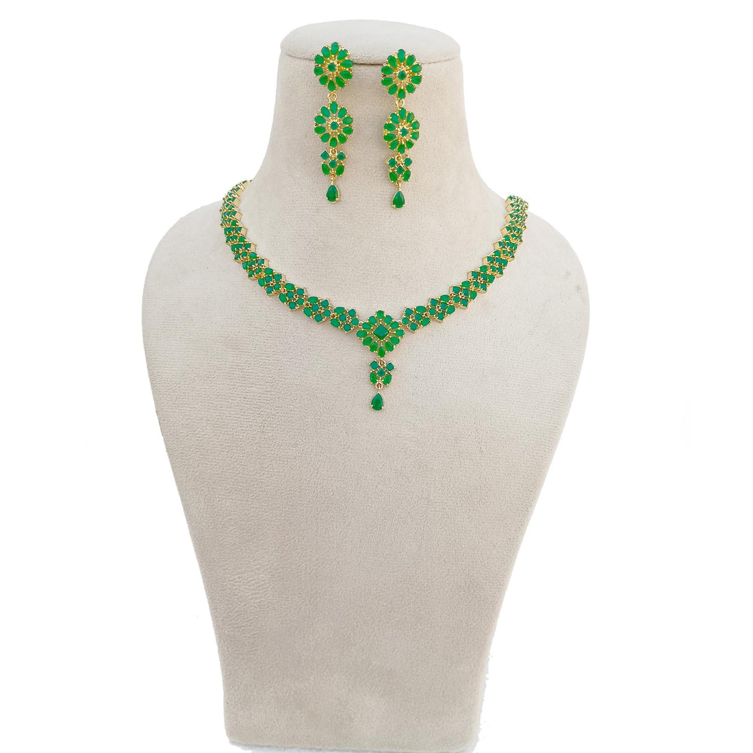 22K Gold Emerald Necklace Set | Handmade Indian Bridal Jewelry | Green Gold Necklace with Earrings | Traditional Temple Design Necklace — 4