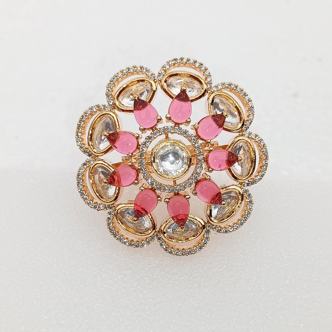 Gold Plated Cocktail Ring: Blue Teardrop Crystal, CZ Diamond Halo — 3