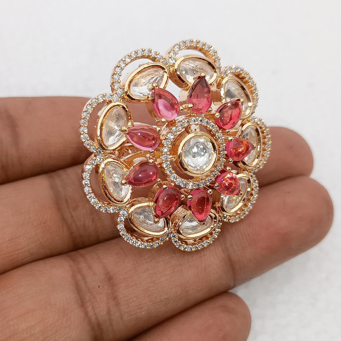 Gold Plated Cocktail Ring: Blue Teardrop Crystal, CZ Diamond Halo — 4