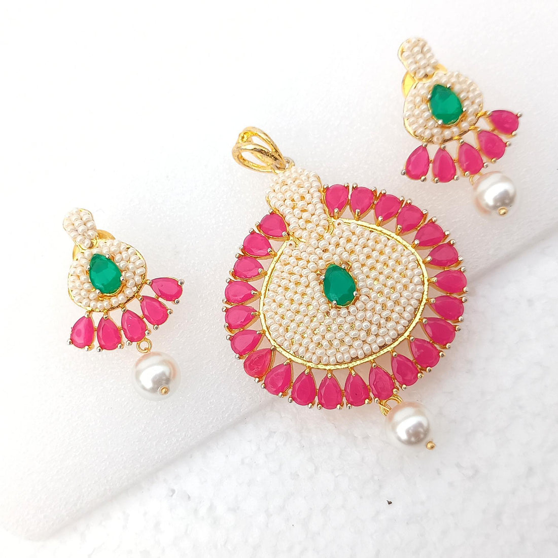 Ruby Emerald Pearl Pendant Necklace Set: Gold Plated Wedding Jewelry