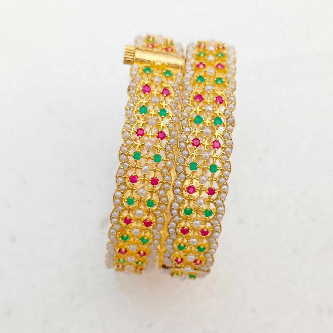 Gold Plated Ruby Pearl Bangles | Indian Traditional Openable bracelet, Wedding Bride Jewelry Bangles, Festival Gifts — 5