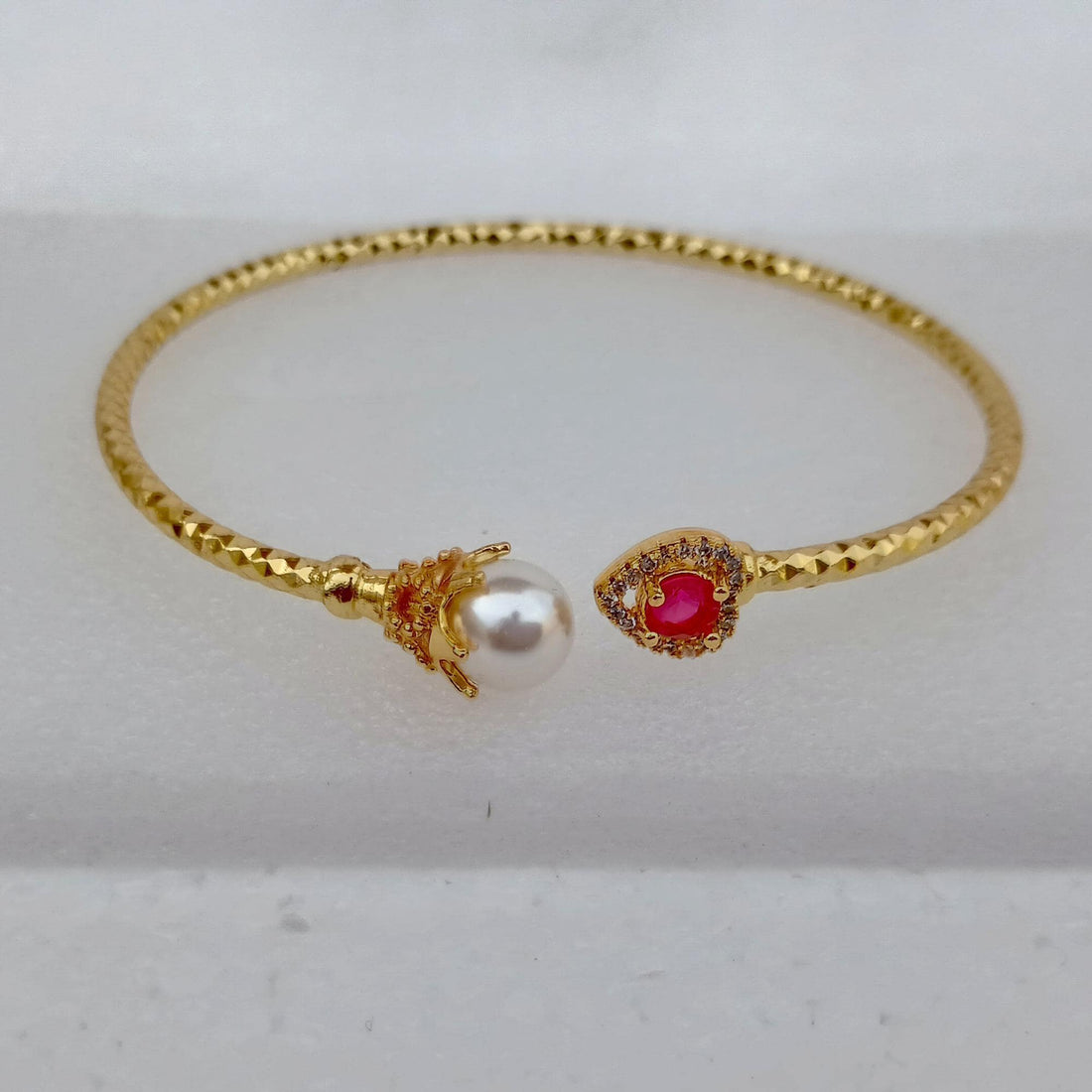 Ruby Pearl CZ Bangle | Gold Plated Bollywood Style Bracelet | Bridal Wedding Statement Bangle | Ethnic Party Wear Jewelry | Gift for Her — 5