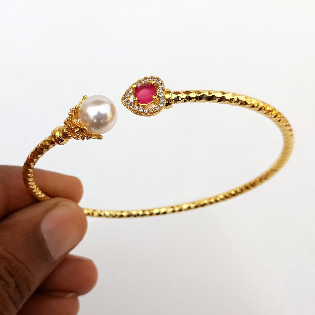 Ruby Pearl CZ Bangle | Gold Plated Bollywood Style Bracelet | Bridal Wedding Statement Bangle | Ethnic Party Wear Jewelry | Gift for Her — 8