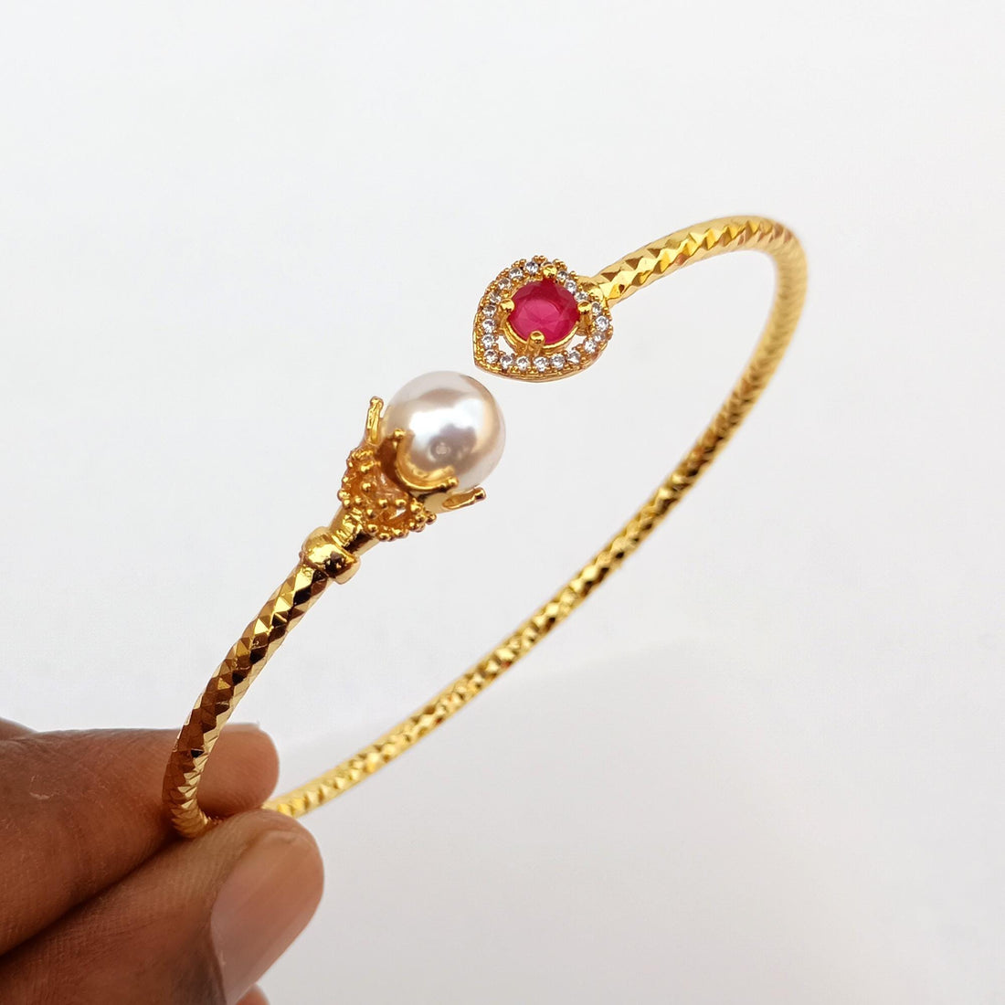 Ruby Pearl CZ Bangle | Gold Plated Bollywood Style Bracelet | Bridal Wedding Statement Bangle | Ethnic Party Wear Jewelry | Gift for Her