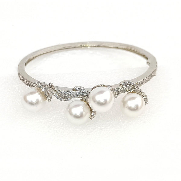 White Pearl Gemstone Bangle |  Handcrafted Silver | Bangle with Round White Stone Bracelet for Women | Gift for her