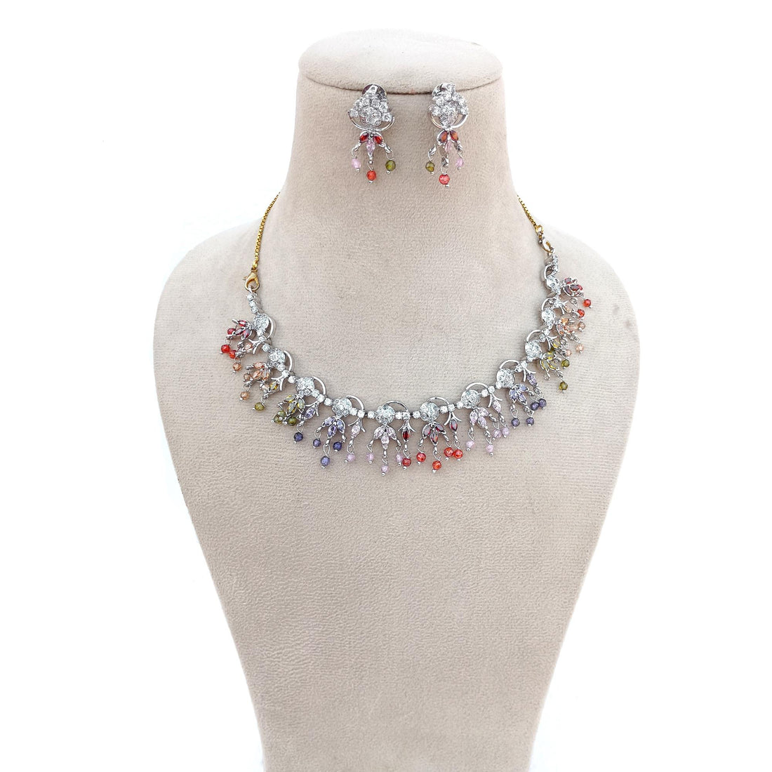 Gold Plated Garnet Multi Stone Necklace Stud Set | White Gold Jewelry | Elegant Bridal Necklace | Wedding Necklace | Statement Necklace Set — 4