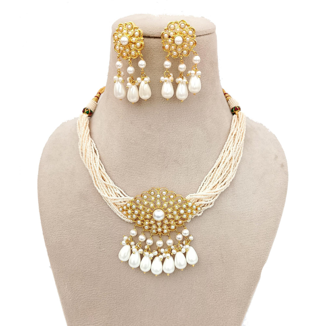 Gold Pearl Choker Necklace Set | Kundan Inspired Multi Strand Beaded Necklace | Handmade Indian Bridal Statement Jewelry with Earrings — 4