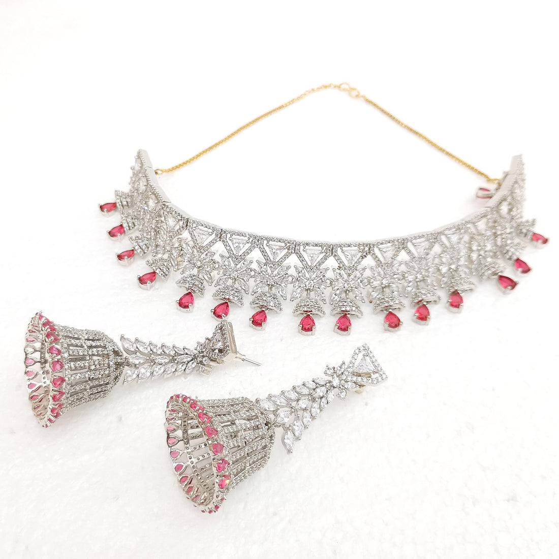 Gold Plated Garnet Cubic Zirconia Necklace Set | White Gold Indian Jewelry | Bridal Wedding Statement Necklace | Gift For Her — 6