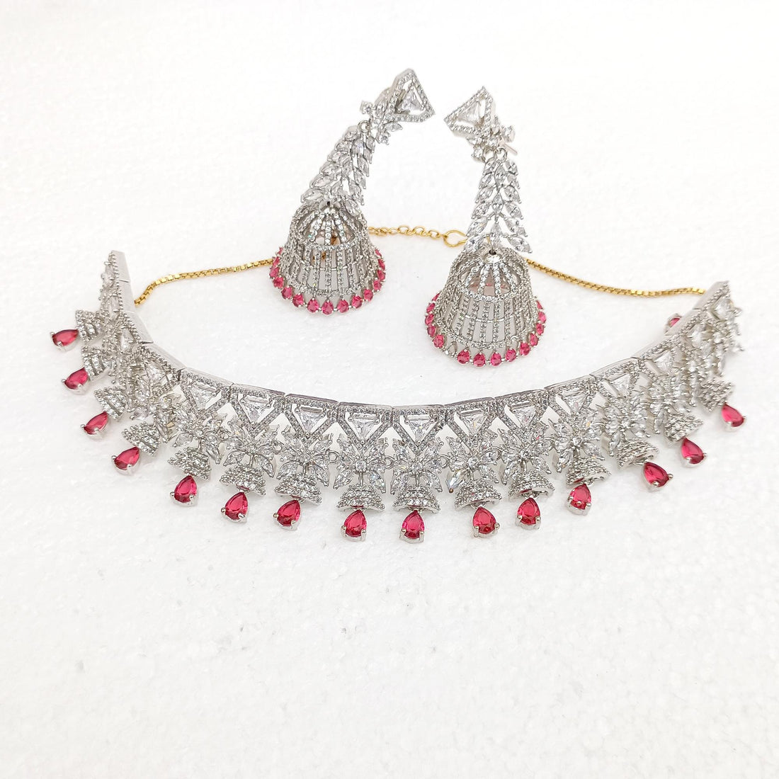 Gold Plated Garnet Cubic Zirconia Necklace Set | White Gold Indian Jewelry | Bridal Wedding Statement Necklace | Gift For Her — 4