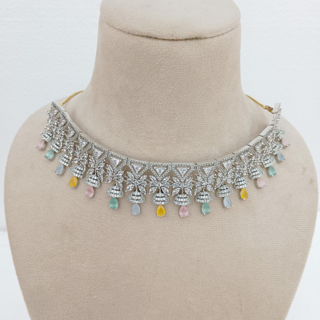 Multi Stone Chalcedony & Cubic Zirconia Necklace Set | White Gold Plated Indian Bridal Jewelry | Statement Wedding Necklace | Valentine Gift — 3