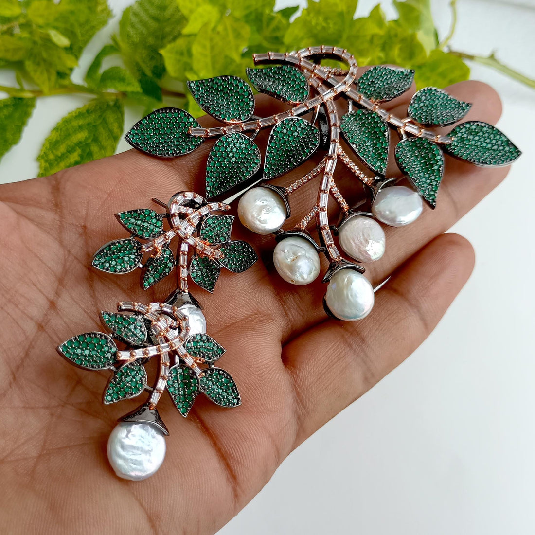 Pearl & Emerald Statement Jewelry Set: Modern Organic Design — 3