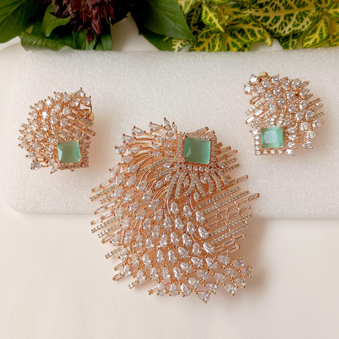 Ruby Emerald CZ Pendant Stud Set: Victorian Bohemian Indian Jewelry — 2