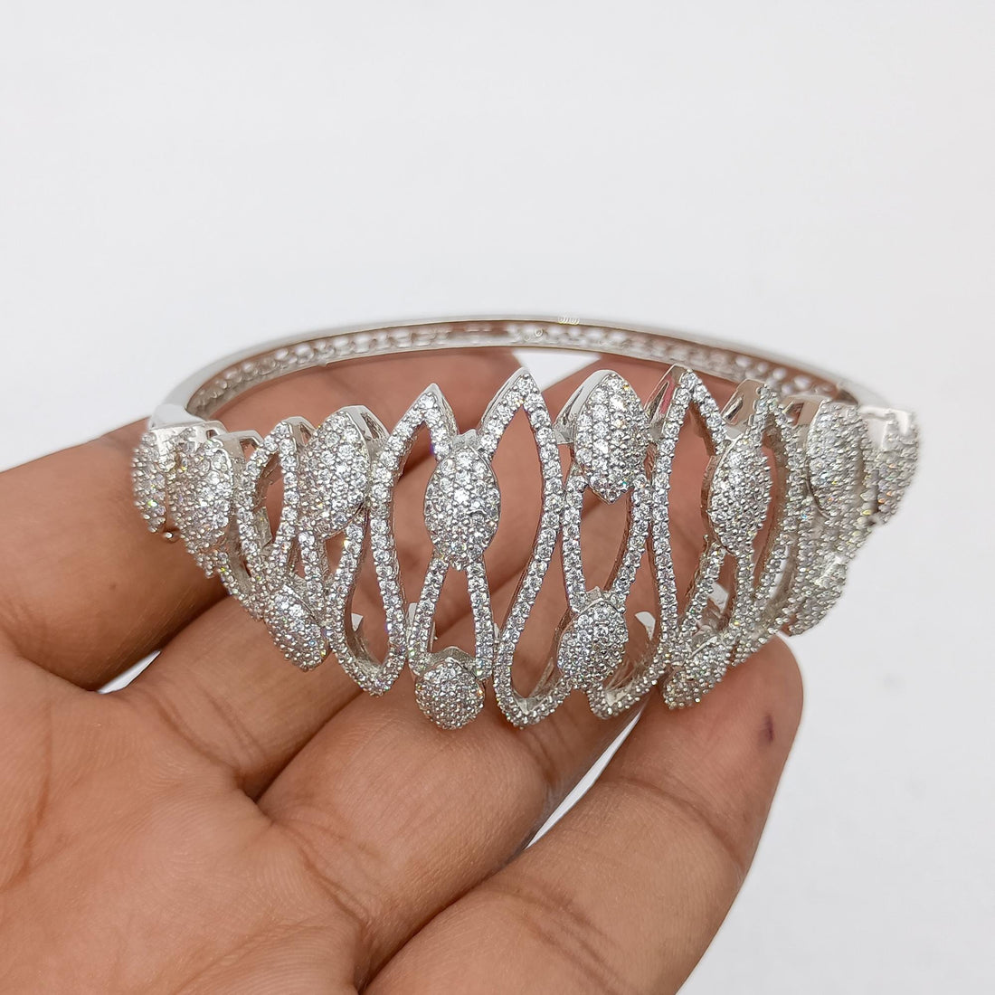 Diamond CZ Cluster Bangle | White Plated Bollywood Bracelet | Cubic Zirconia Diamond Cuff Bracelet | Indian Jewelry | Gift for Her — 6