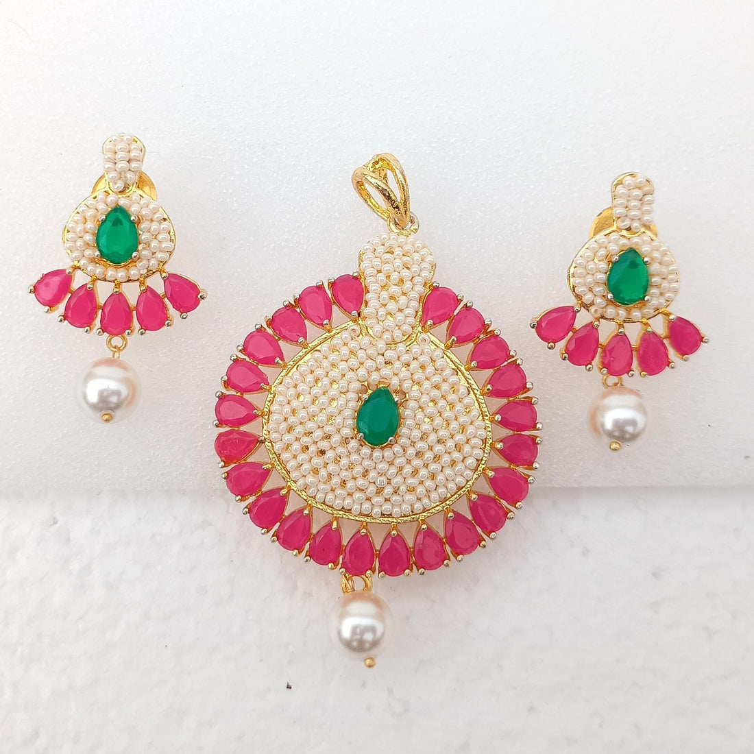 Ruby Emerald Pearl Pendant Necklace Set: Gold Plated Wedding Jewelry — 3