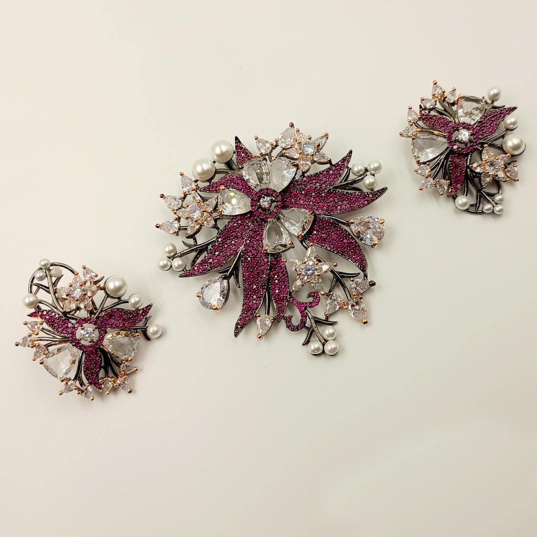 Victorian Style Ruby Pearl CZ Pendant Set | Bollywood Indian Jewelry | Bridal Wedding Necklace Set | Vintage Statement Jewelry |Gift for Her — 2