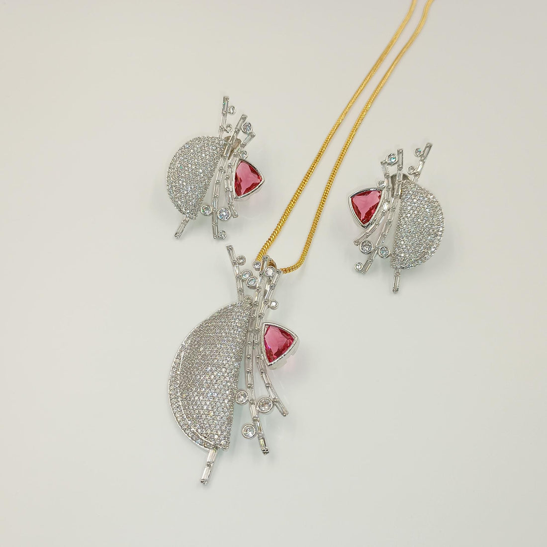 Emerald-Russian Green-Rubellite-Crystal- CZ Victorian Pendant Set, Victorian Style, Victorian Jewelry, Plating tone Rose- gold & black-white — 4