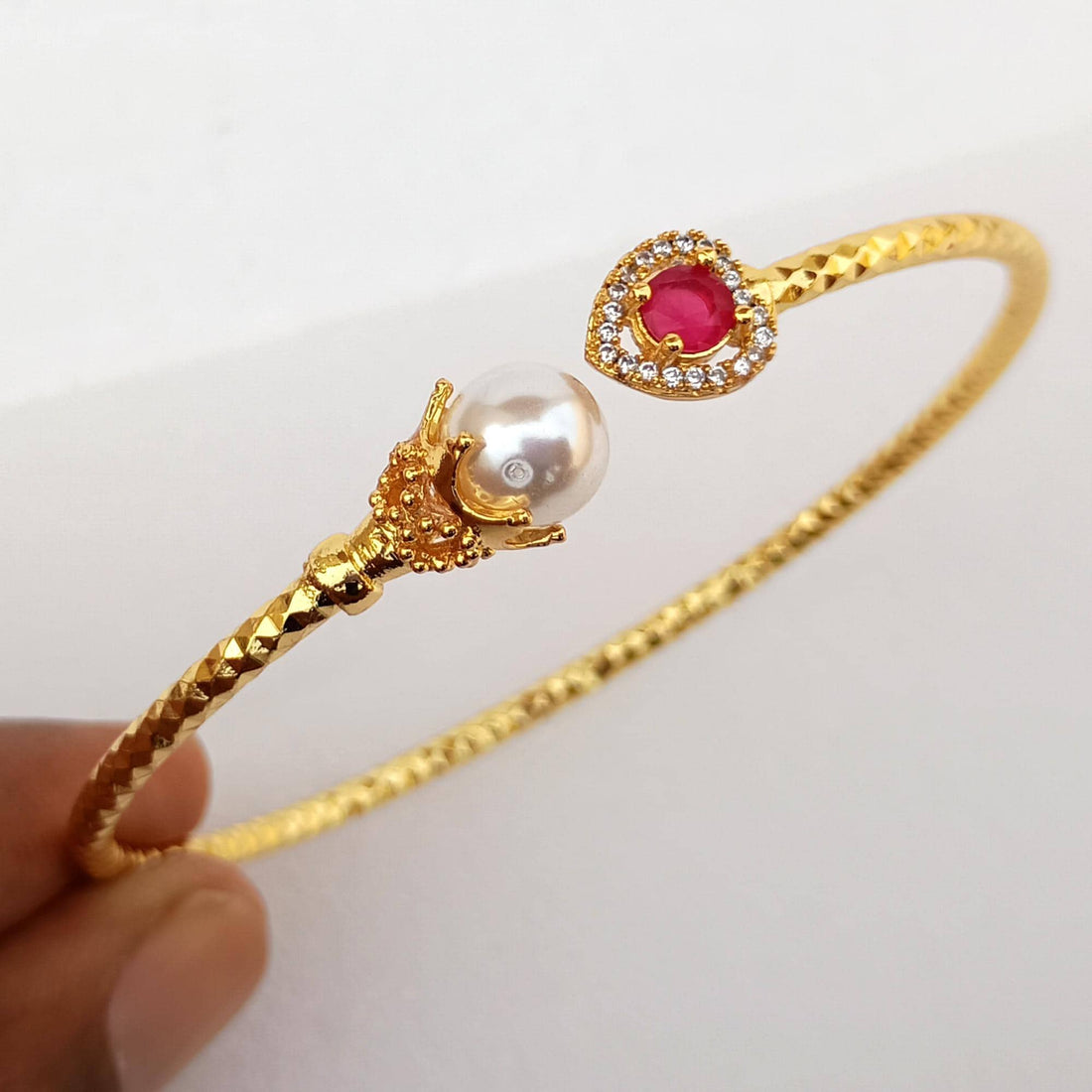 Ruby Pearl CZ Bangle | Gold Plated Bollywood Style Bracelet | Bridal Wedding Statement Bangle | Ethnic Party Wear Jewelry | Gift for Her — 6