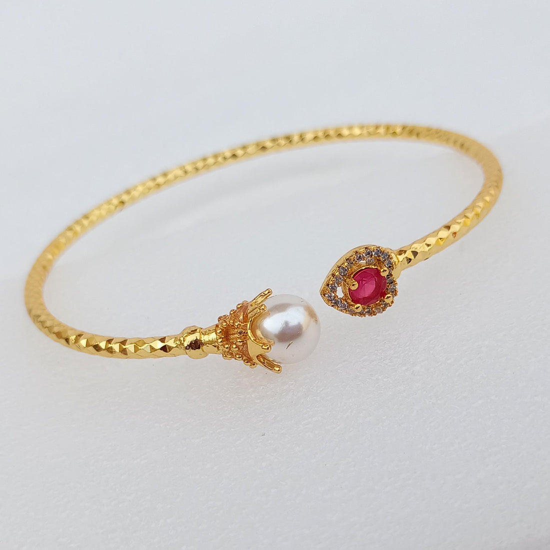 Ruby Pearl CZ Bangle | Gold Plated Bollywood Style Bracelet | Bridal Wedding Statement Bangle | Ethnic Party Wear Jewelry | Gift for Her — 2