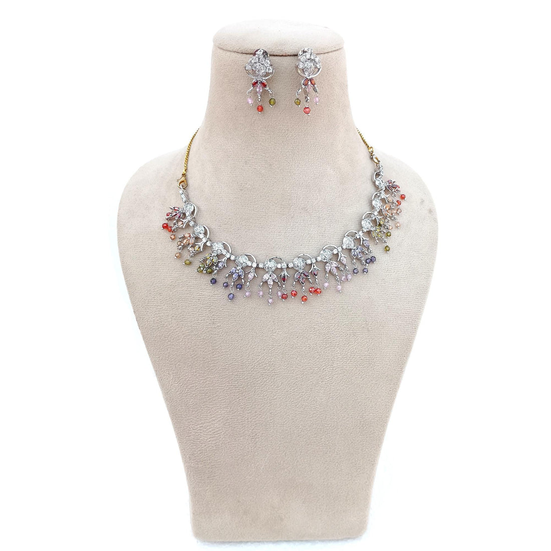 Gold Plated Garnet Multi Stone Necklace Stud Set | White Gold Jewelry | Elegant Bridal Necklace | Wedding Necklace | Statement Necklace Set — 3