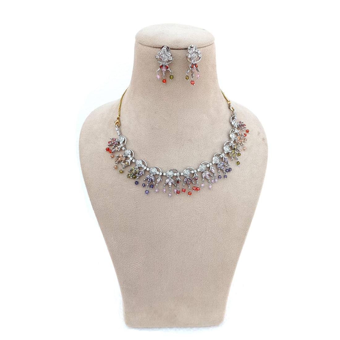 Gold Plated Garnet Multi Stone Necklace Stud Set | White Gold Jewelry | Elegant Bridal Necklace | Wedding Necklace | Statement Necklace Set — 5