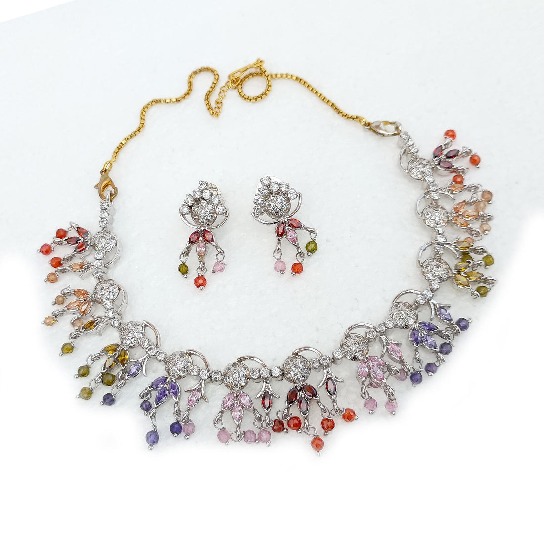 Gold Plated Garnet Multi Stone Necklace Stud Set | White Gold Jewelry | Elegant Bridal Necklace | Wedding Necklace | Statement Necklace Set — 7