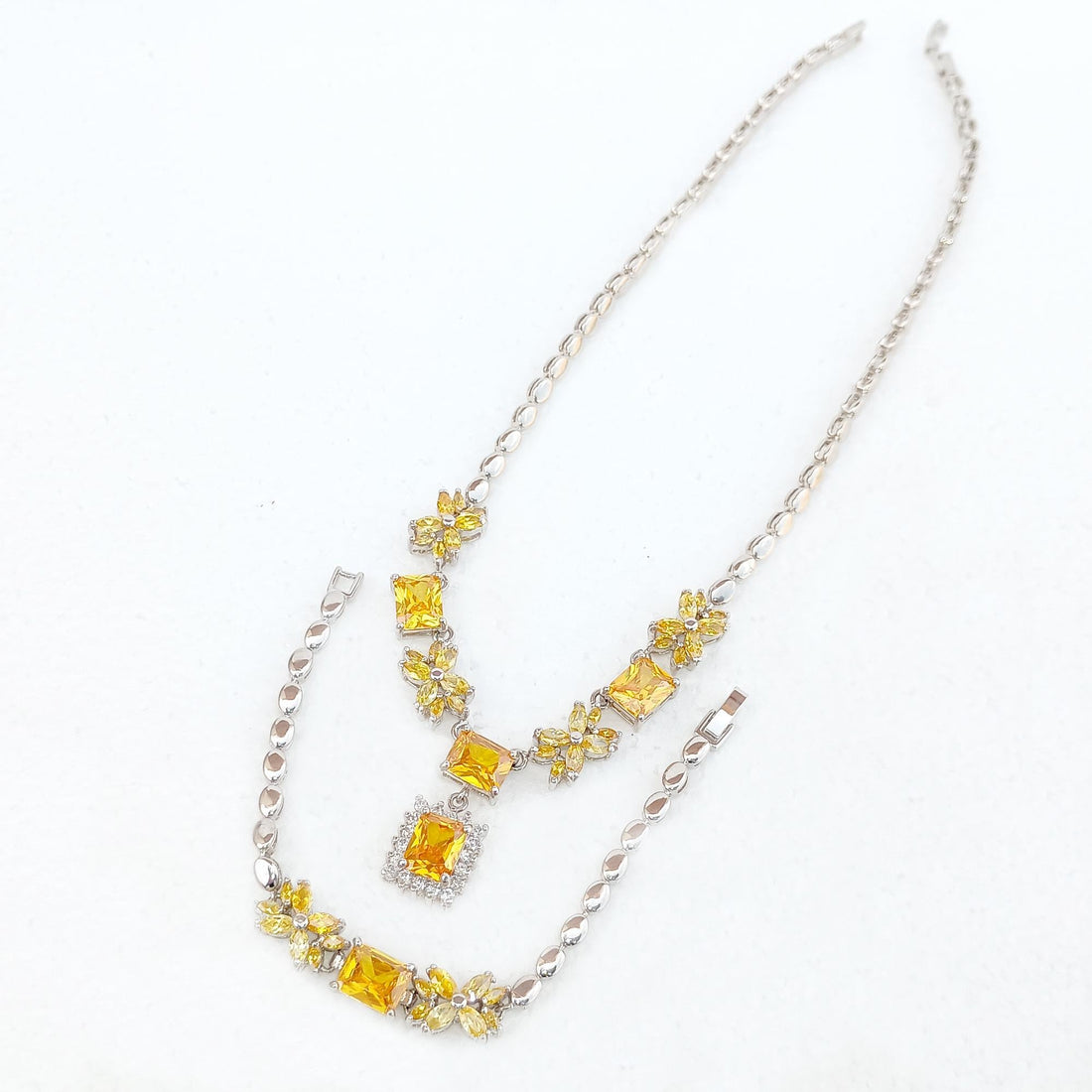 Minimalist Citrin Stone Necklace | Yellow Cut Stone Necklace Set | White Gold Plated Necklace Set | Wedding Necklace Set | Gift For Her — 7