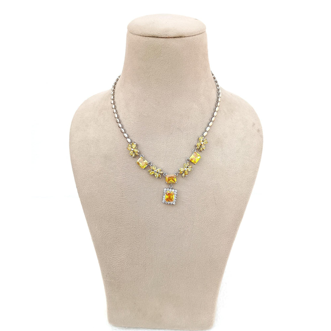 Minimalist Citrin Stone Necklace | Yellow Cut Stone Necklace Set | White Gold Plated Necklace Set | Wedding Necklace Set | Gift For Her — 4