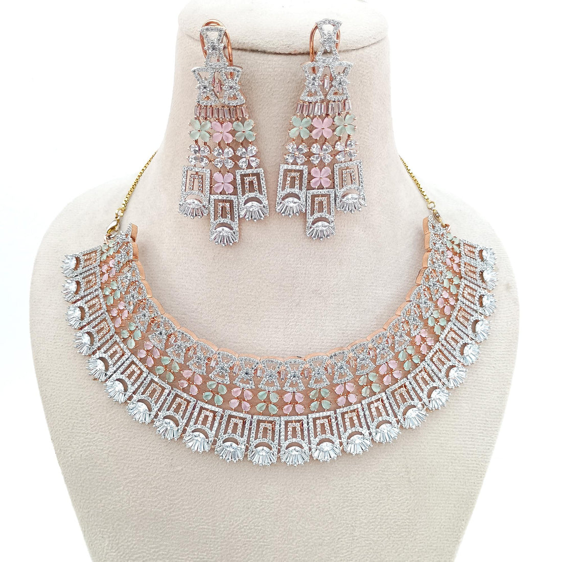 22k Gold Plated Chalcedony Necklace | CZ Diamond Indian Bridal Jewelry | Traditional Wedding Statement Necklace | Women Necklace — 3