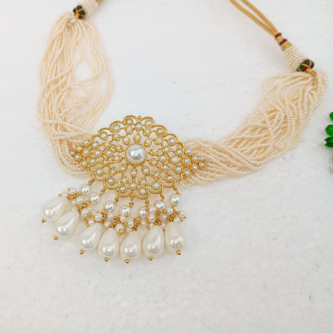 Gold Pearl Choker Necklace Set | Kundan Inspired Multi Strand Beaded Necklace | Handmade Indian Bridal Statement Jewelry with Earrings — 8