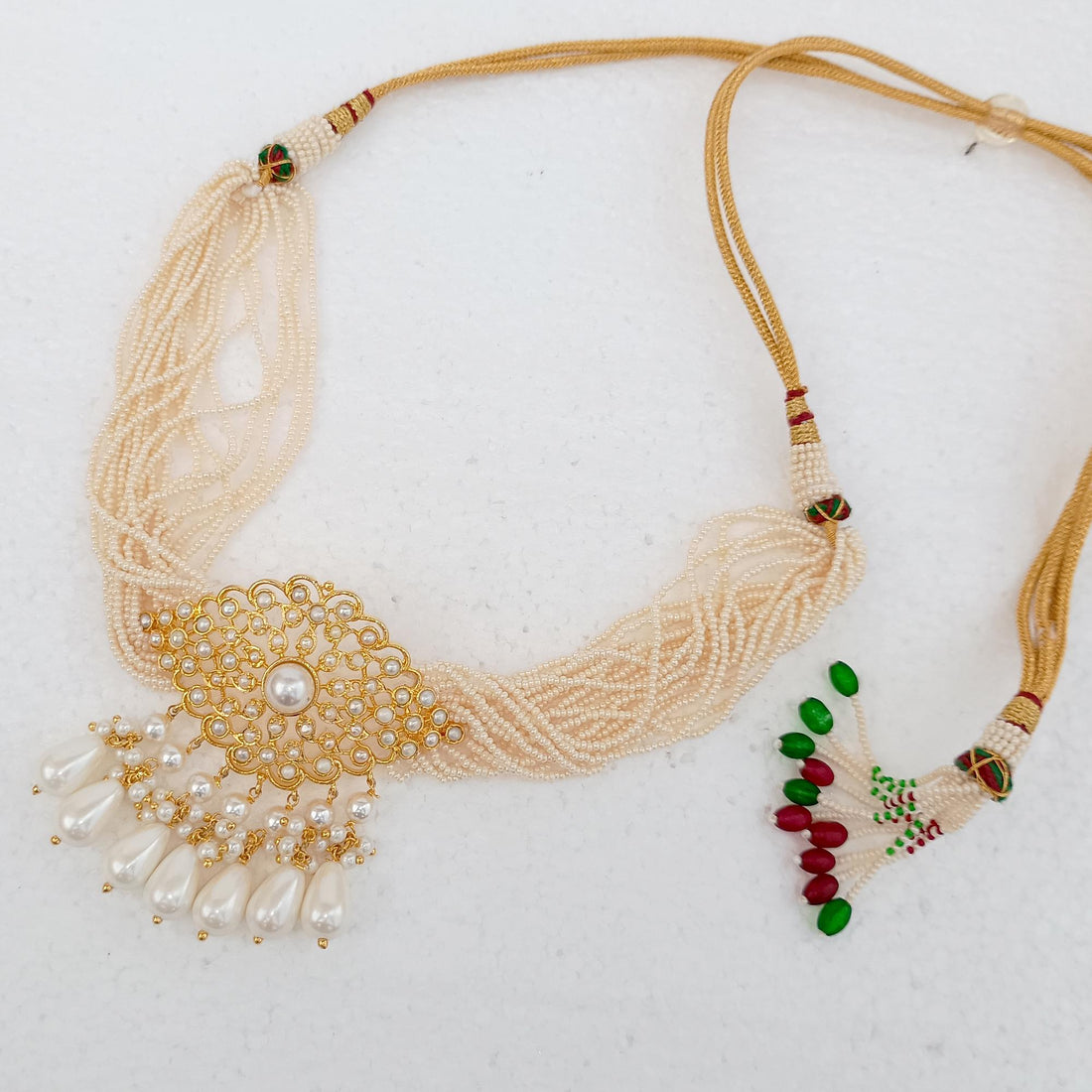 Gold Pearl Choker Necklace Set | Kundan Inspired Multi Strand Beaded Necklace | Handmade Indian Bridal Statement Jewelry with Earrings — 7